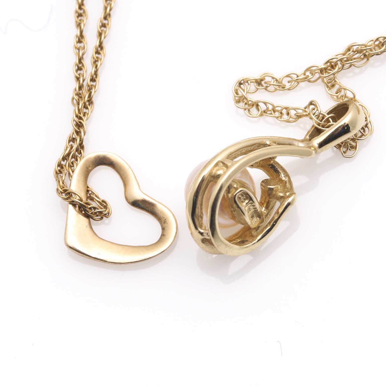 14K Yellow Gold Pearl and Heart Pendant Necklaces