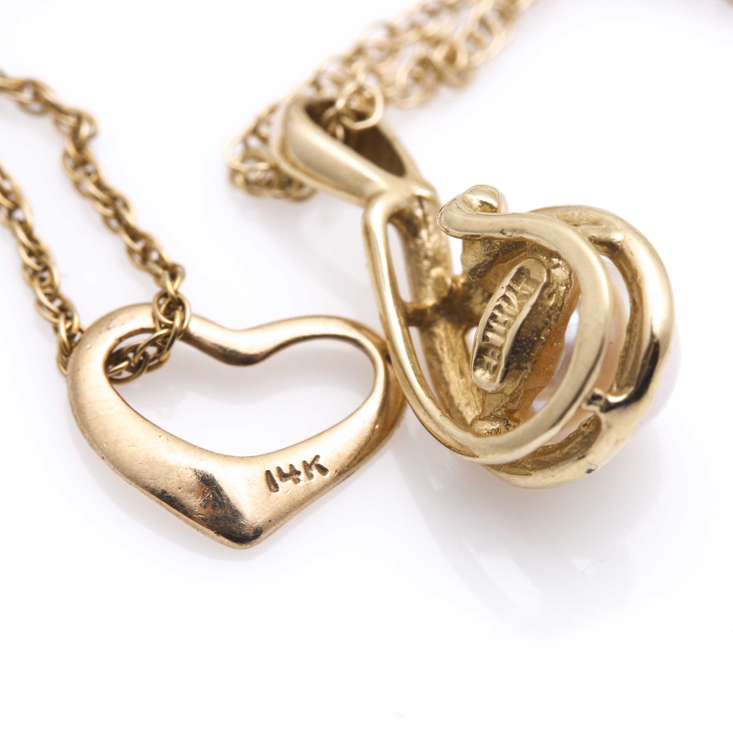 14K Yellow Gold Pearl and Heart Pendant Necklaces