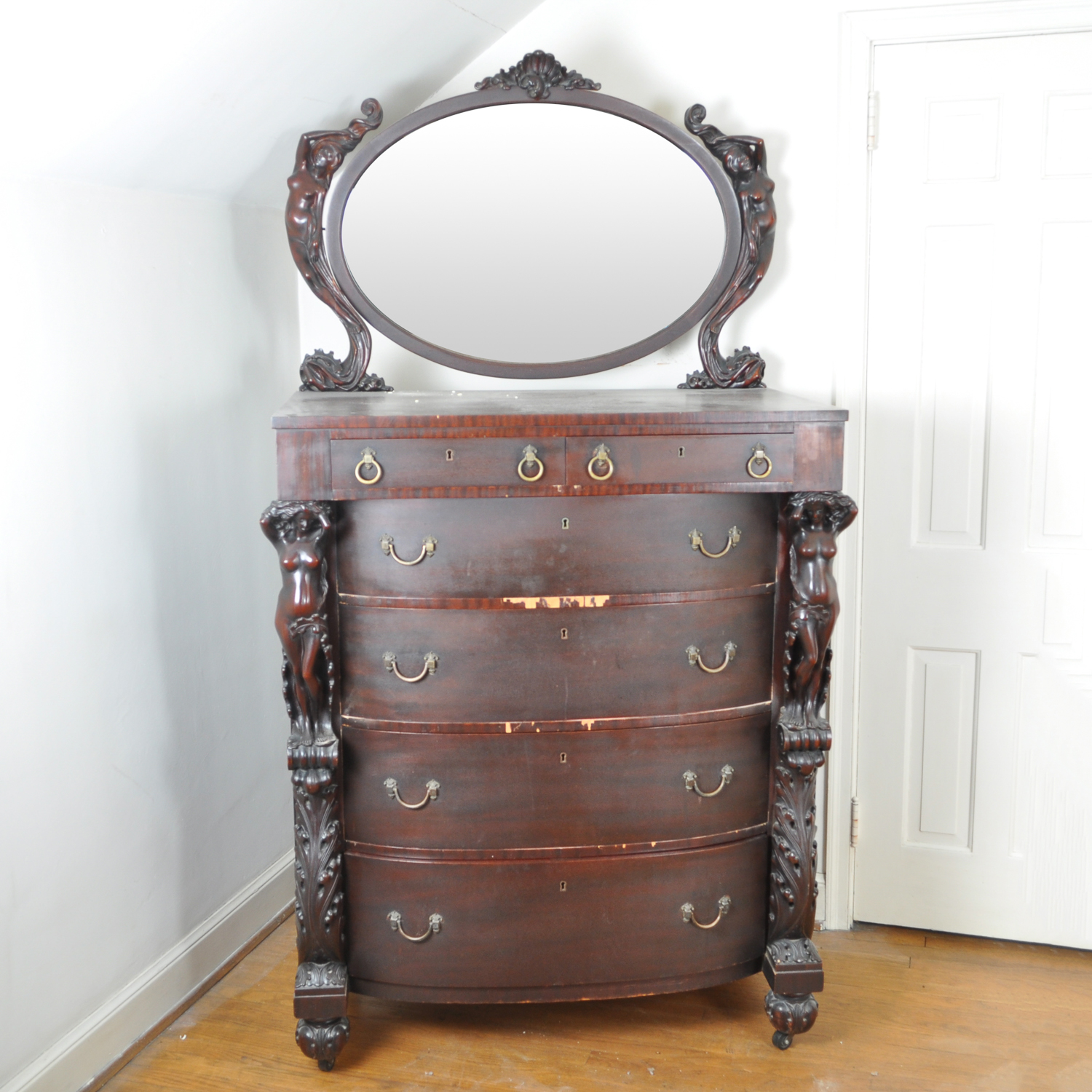 Antique Beautifully Carved Empire Revival Dresser With Mirror