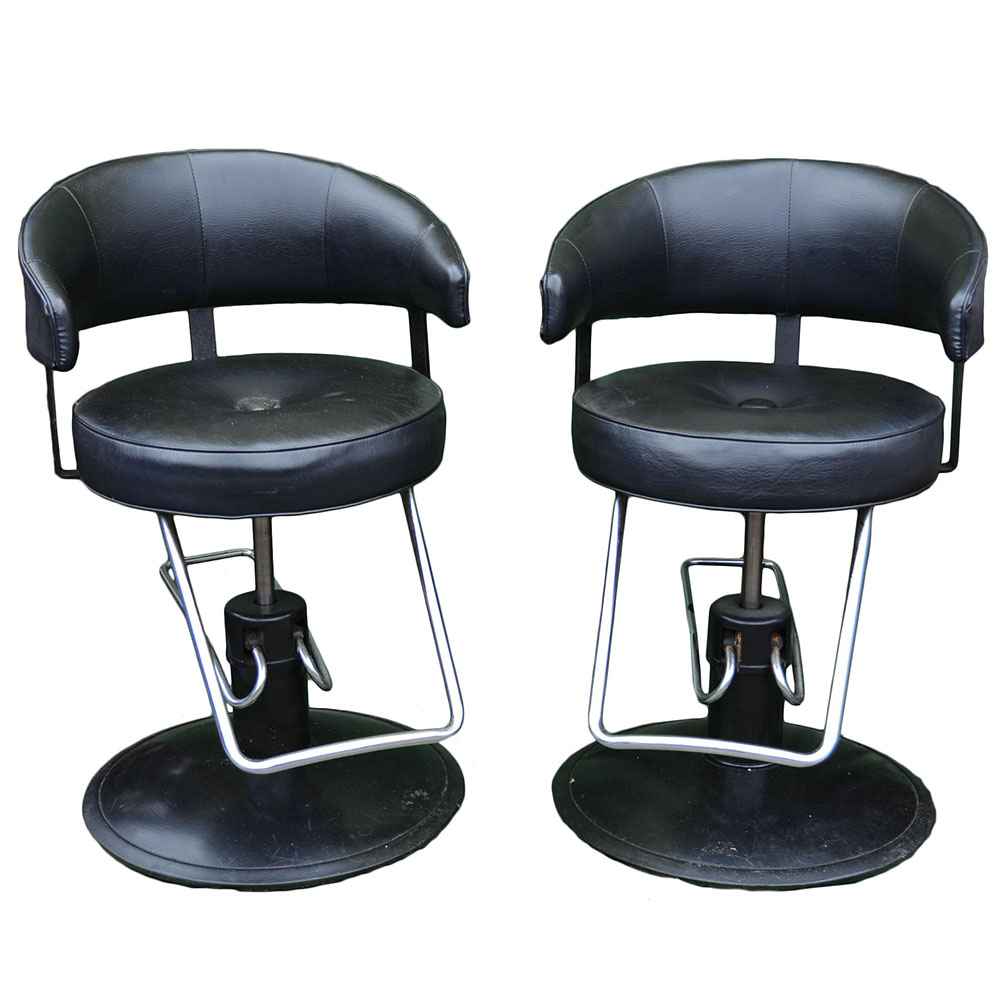 Pair of Modecraft Black Leather Swiveling Salon Chairs