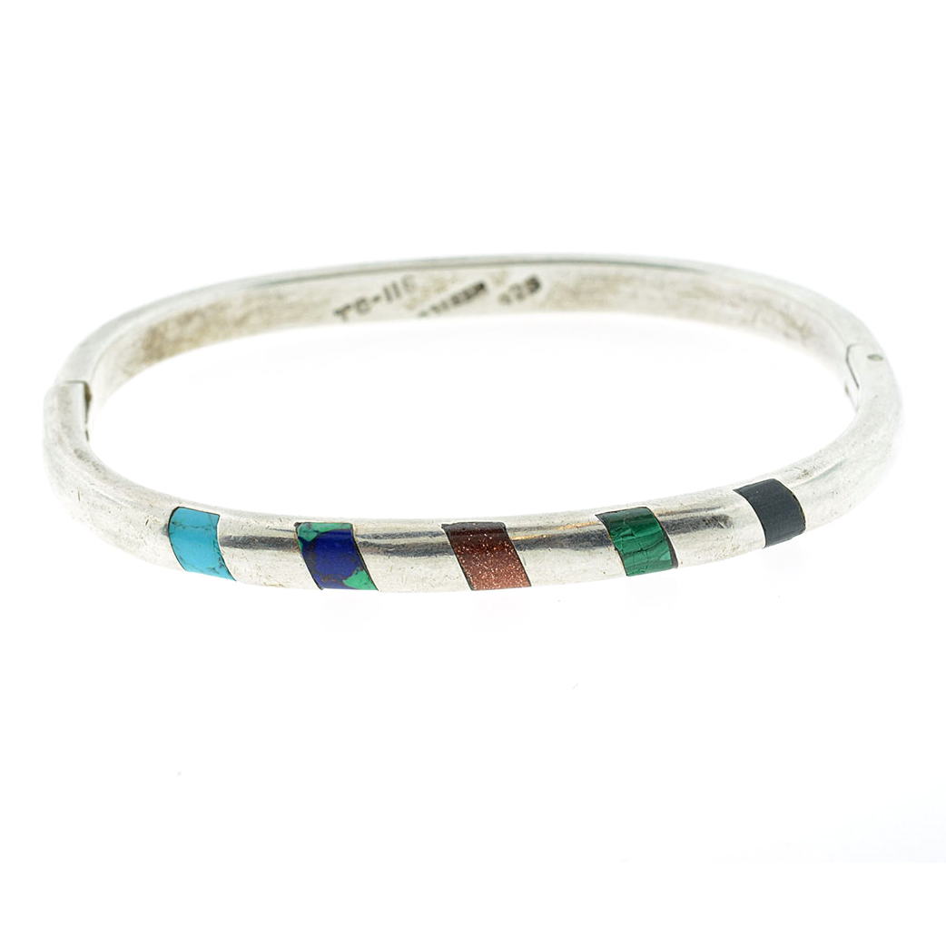Taxco Sterling Bangle with Gemstone Inlaid Details