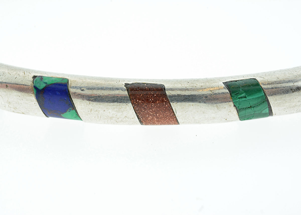 Taxco Sterling Bangle with Gemstone Inlaid Details