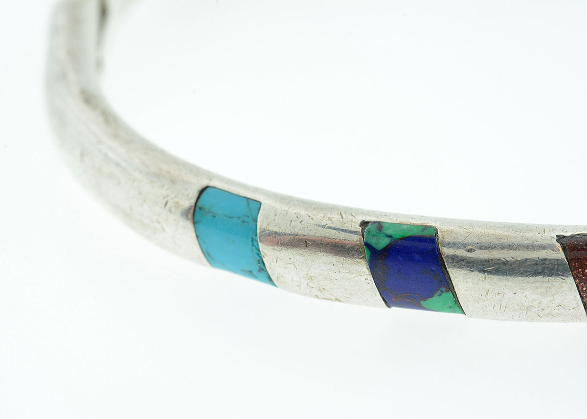 Taxco Sterling Bangle with Gemstone Inlaid Details
