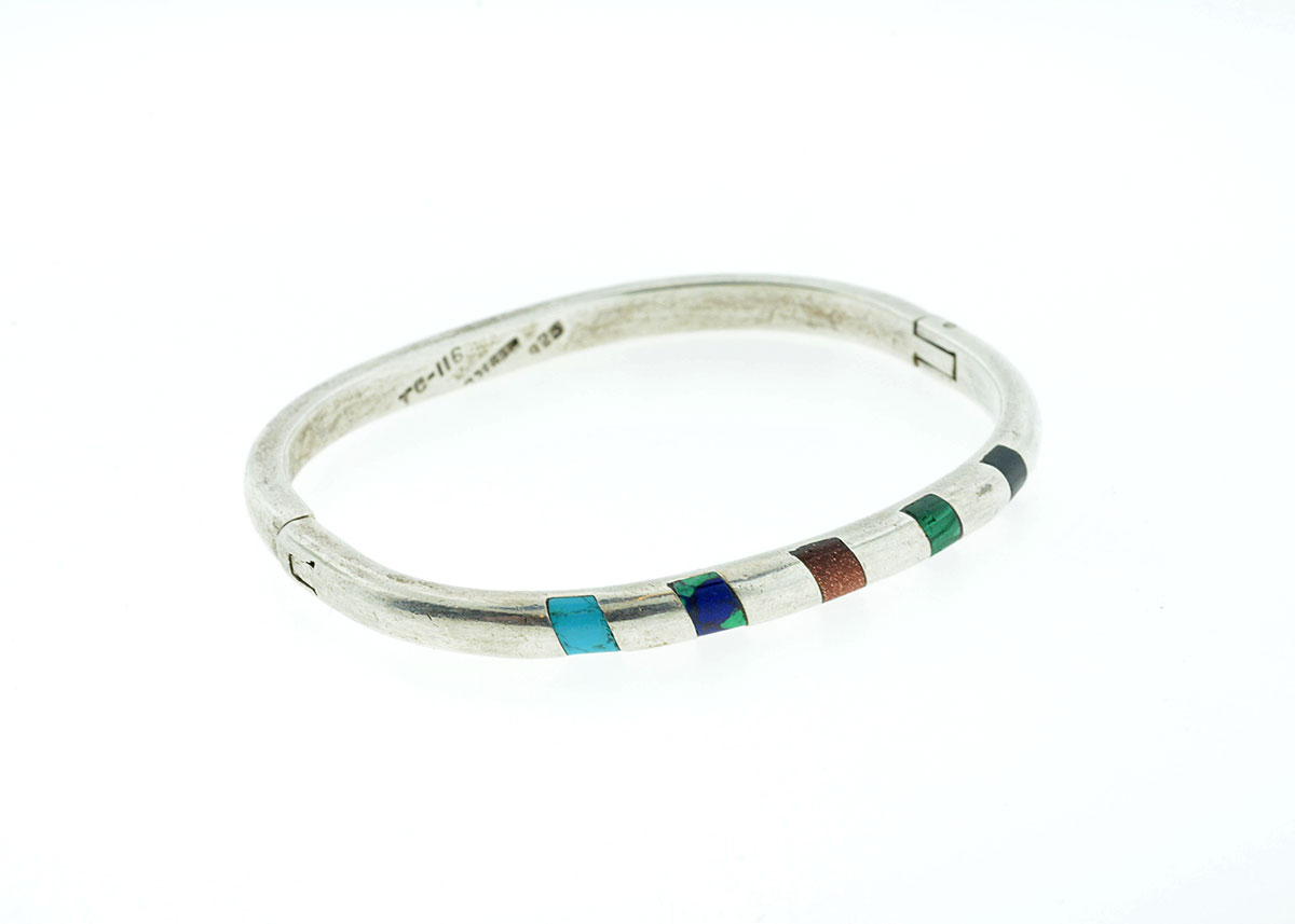 Taxco Sterling Bangle with Gemstone Inlaid Details