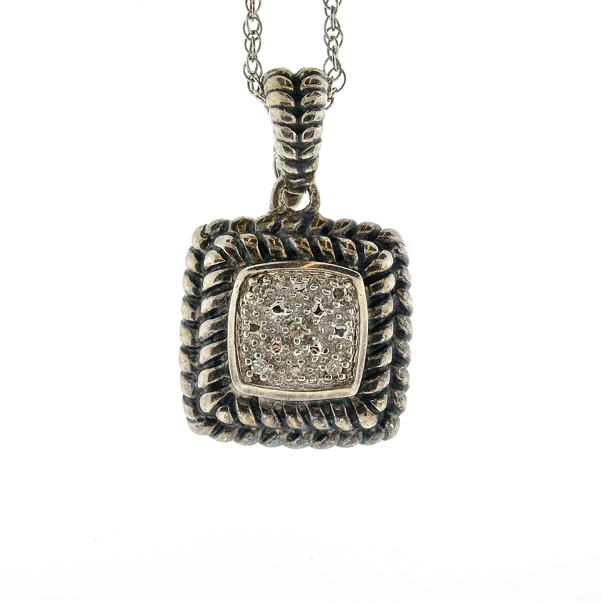 Sterling Silver and Diamond Cluster Pendant Necklace