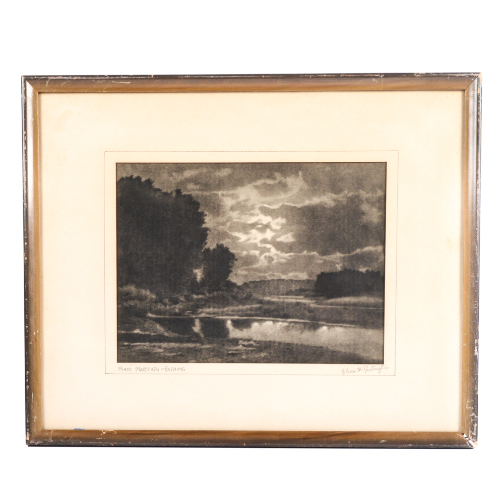 Signed Chas H. Partington Graphite Drawing Titled "Miami Marshes - Evening"