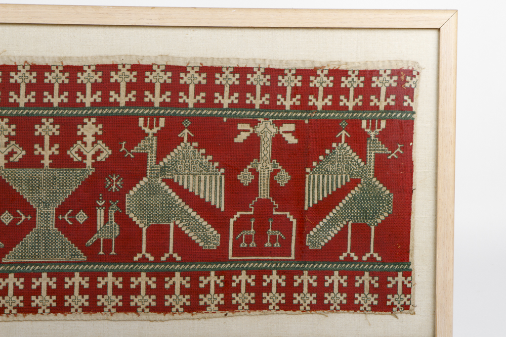 Framed Primitive Needlepoint of Birds in a Field