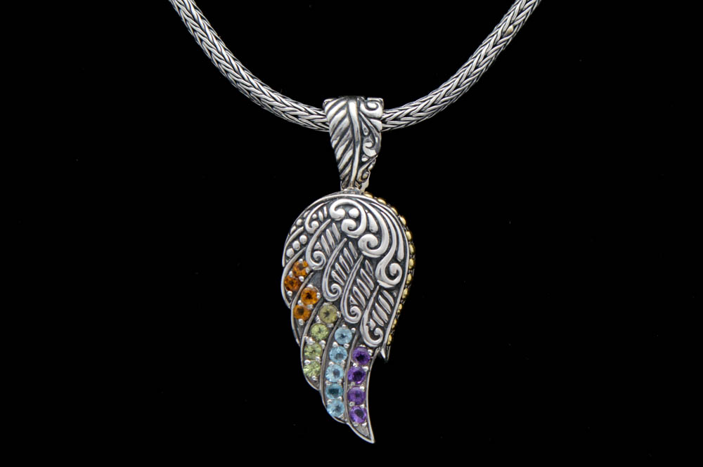 Robert Manse Sterling Silver and Multi Semi-Precious Gemstone Wing Pendant with Wheat Chain