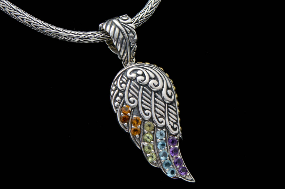 Robert Manse Sterling Silver and Multi Semi-Precious Gemstone Wing Pendant with Wheat Chain