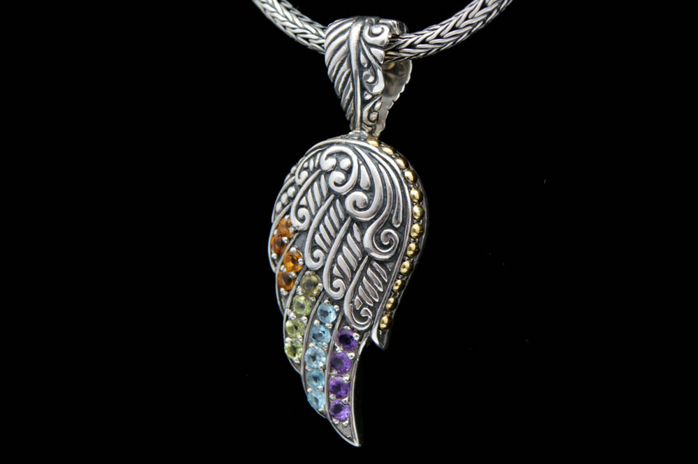 Robert Manse Sterling Silver and Multi Semi-Precious Gemstone Wing Pendant with Wheat Chain
