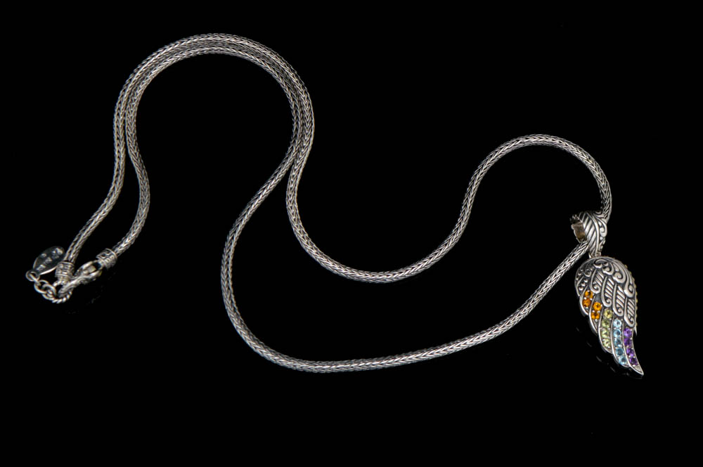 Robert Manse Sterling Silver and Multi Semi-Precious Gemstone Wing Pendant with Wheat Chain