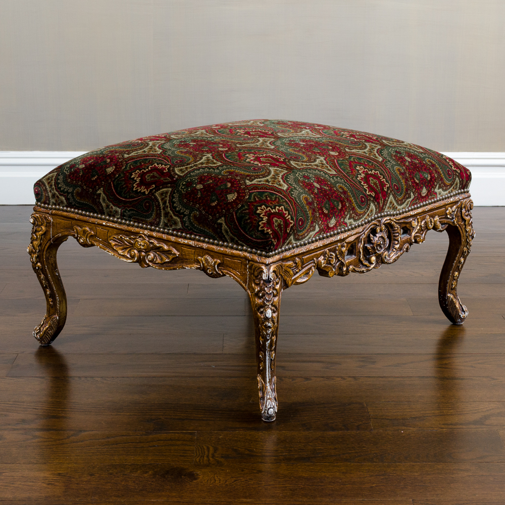 Ralph Lauren Velvet Upholstered Ottoman with Ornate Carved Base