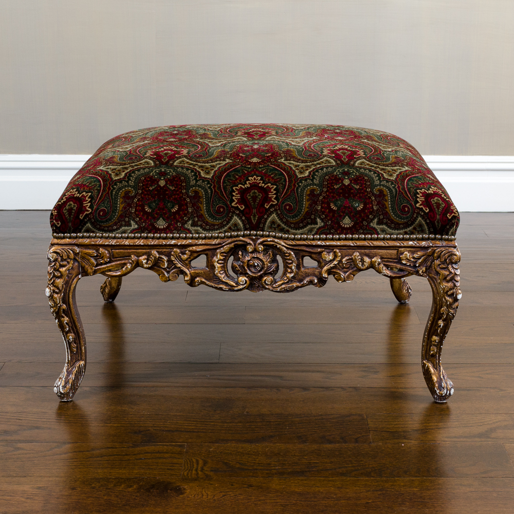 Ralph Lauren Velvet Upholstered Ottoman with Ornate Carved Base