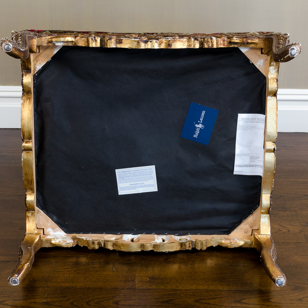 Ralph Lauren Velvet Upholstered Ottoman with Ornate Carved Base