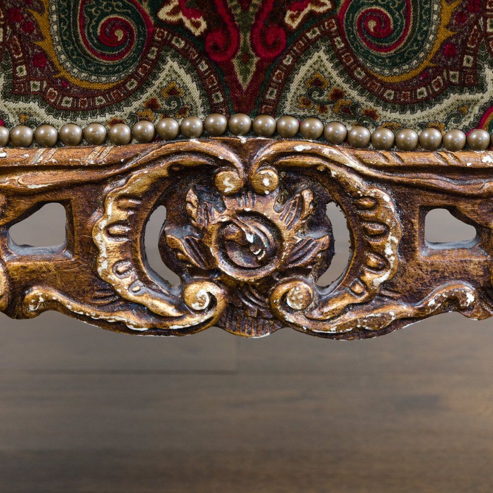 Ralph Lauren Velvet Upholstered Ottoman with Ornate Carved Base