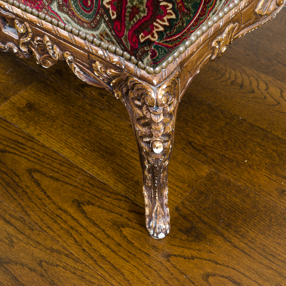 Ralph Lauren Velvet Upholstered Ottoman with Ornate Carved Base