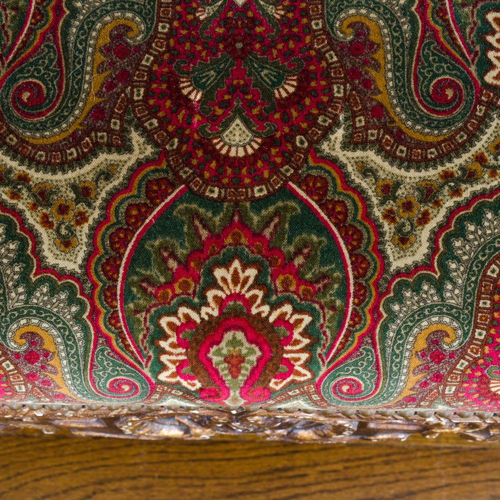 Ralph Lauren Velvet Upholstered Ottoman with Ornate Carved Base