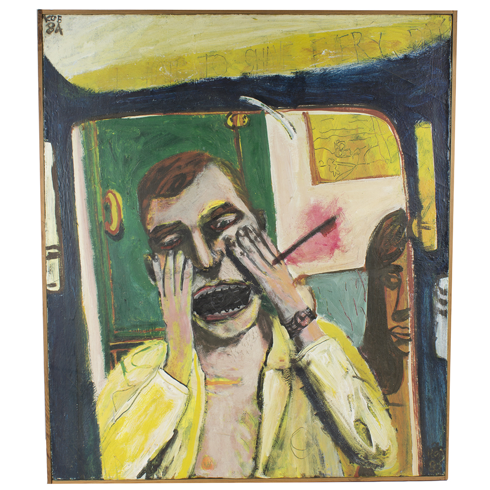 K. O'Brien Oil on Canvas Painting of Man Screaming After Shaving