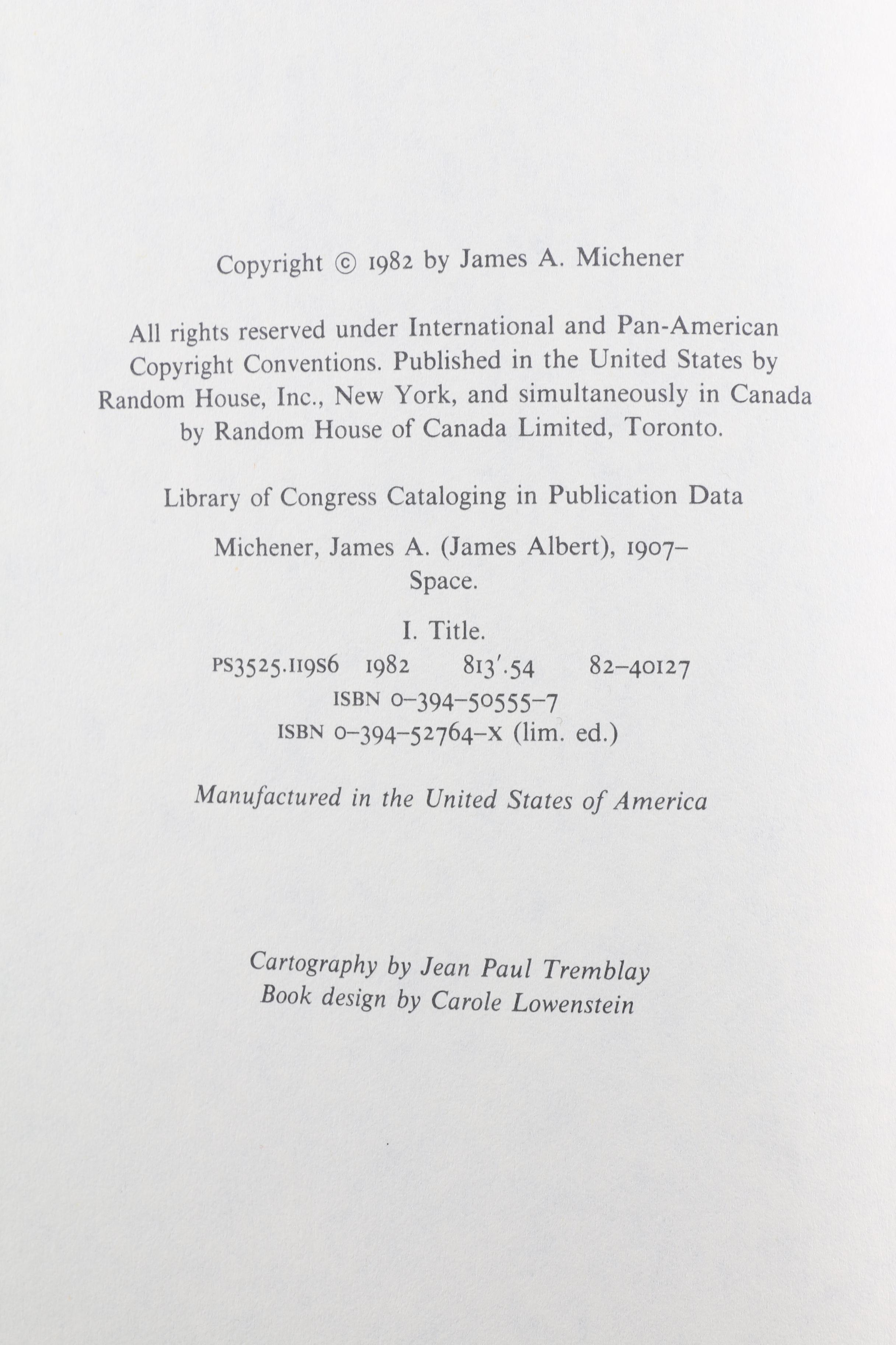 1982 James A. Michener "Space" Novel