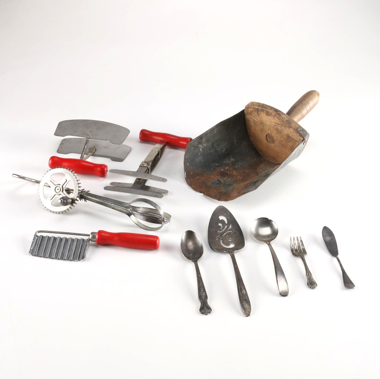 Vintage Kitchen Tools Including Silver Plate Flatware