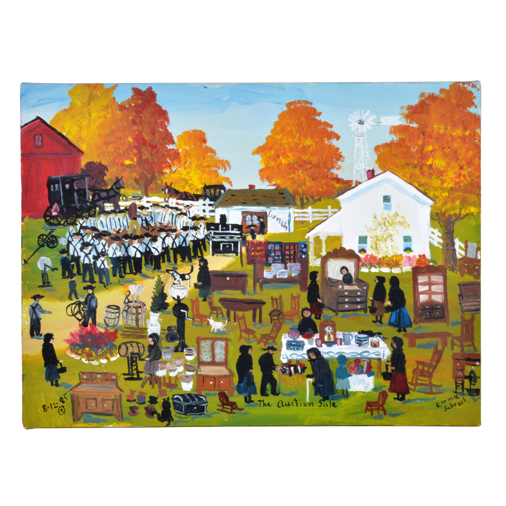 Emma Schrock Folk Art Style Painting of Shipshewana, Indiana