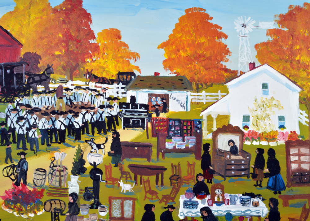 Emma Schrock Folk Art Style Painting of Shipshewana, Indiana