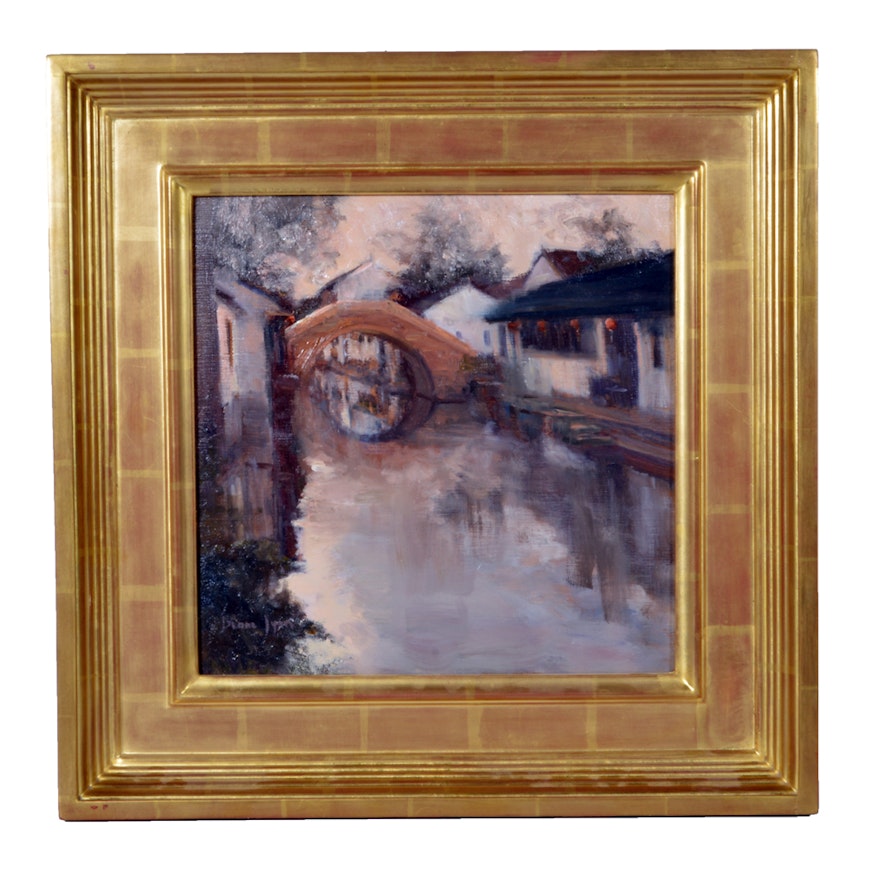 Diane Lyon Oil on Canvas of a Canal Scene