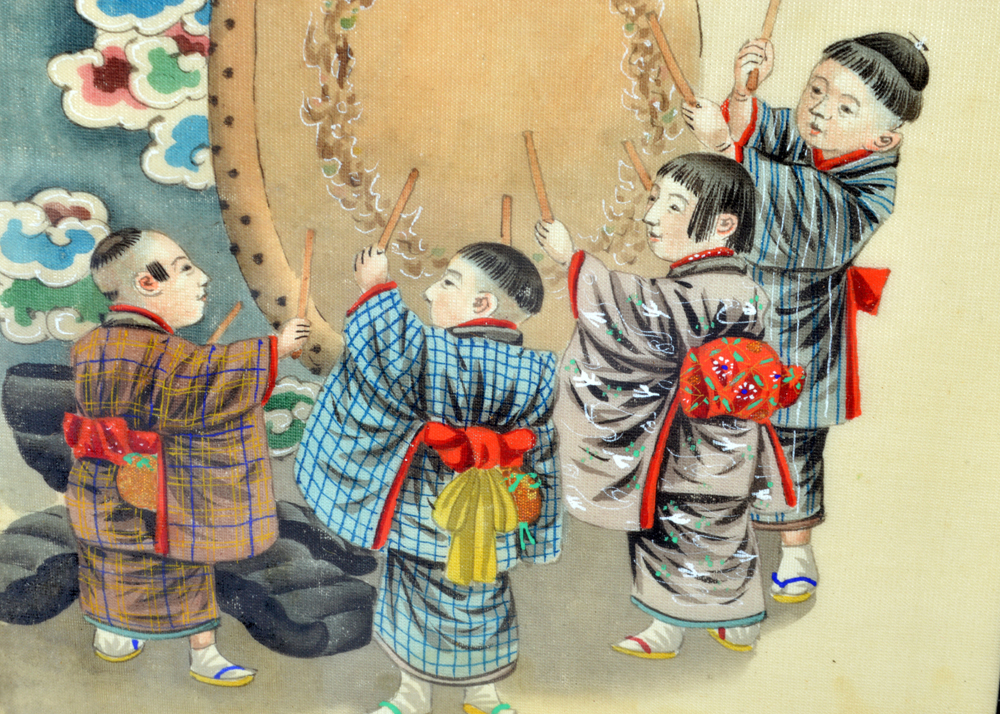 Vintage Framed Japanese Triptych Genre Scene Painting on Silk