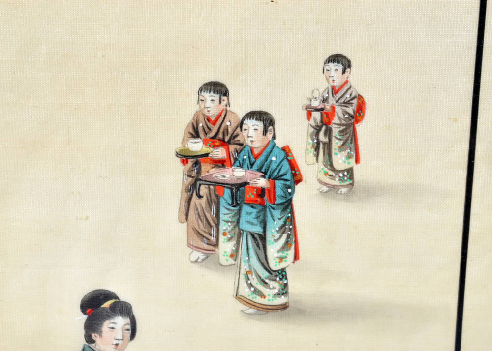 Vintage Framed Japanese Triptych Genre Scene Painting on Silk