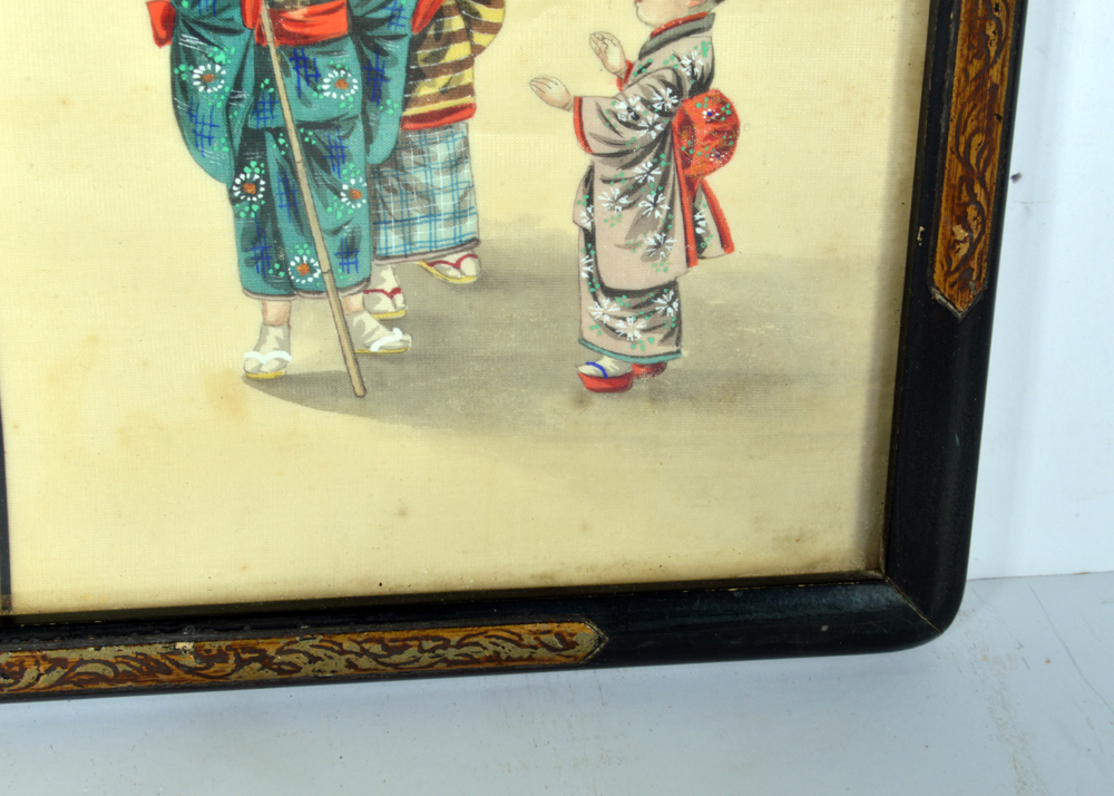 Vintage Framed Japanese Triptych Genre Scene Painting on Silk