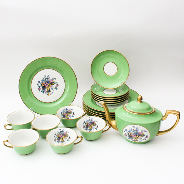 Vintage Limoges Green and Gold-Rimmed China
