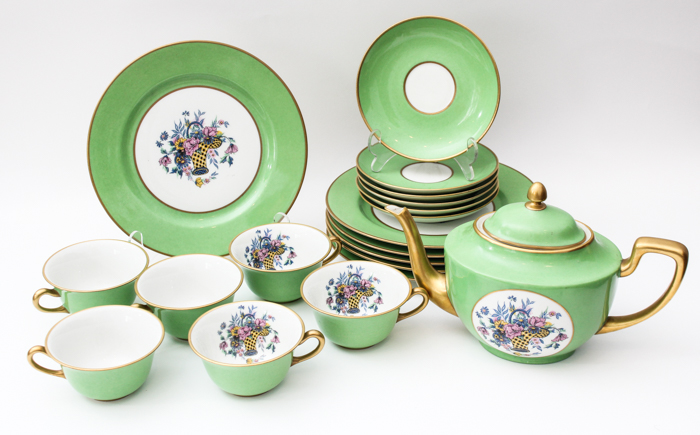 Vintage Limoges Green and Gold-Rimmed China