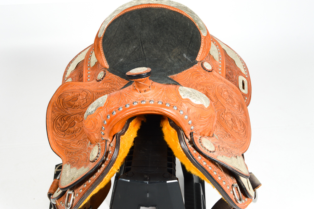 Hand Tooled Leather and Silver Plate Horse Saddle