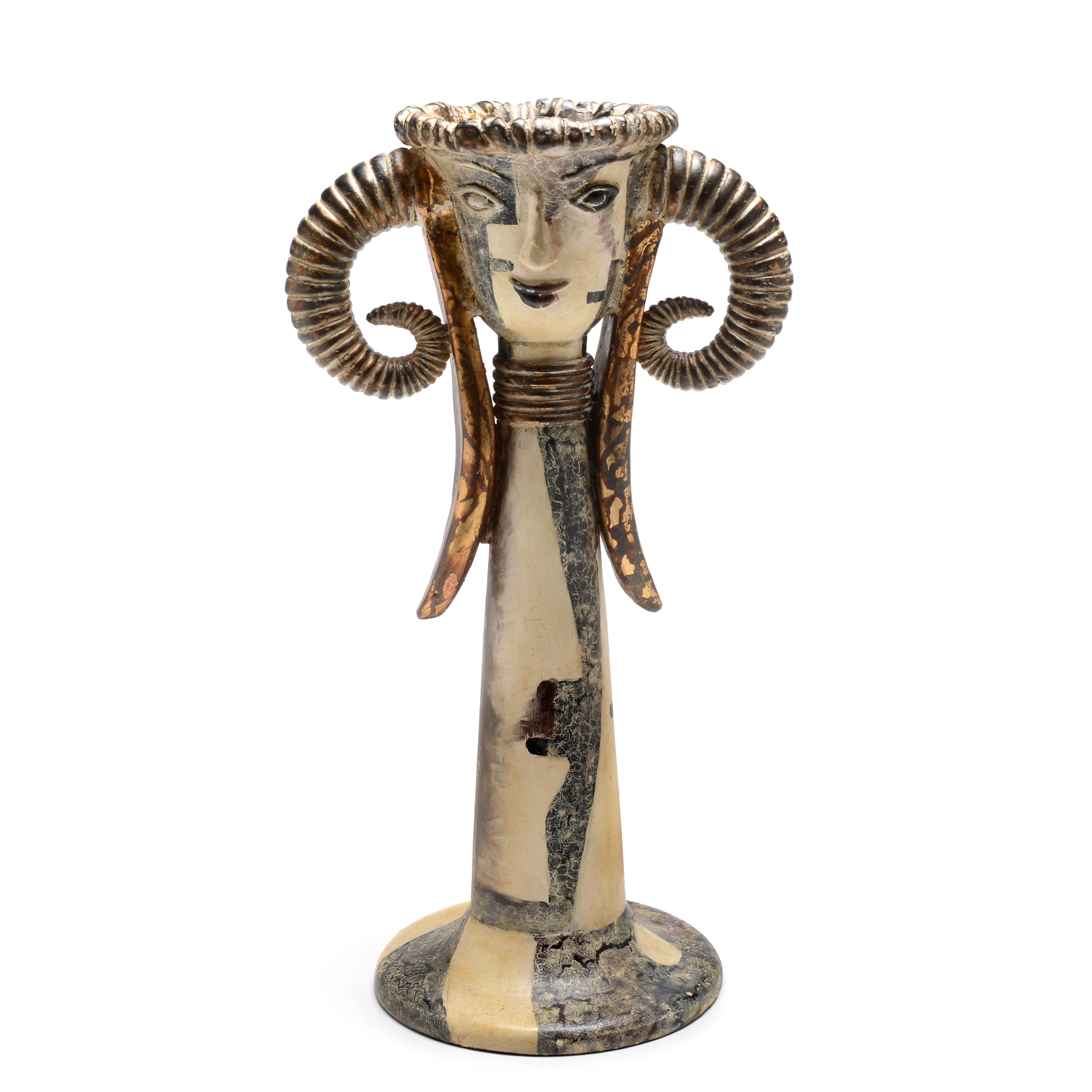 Ceramic Ram Horn and Face Accent Vase