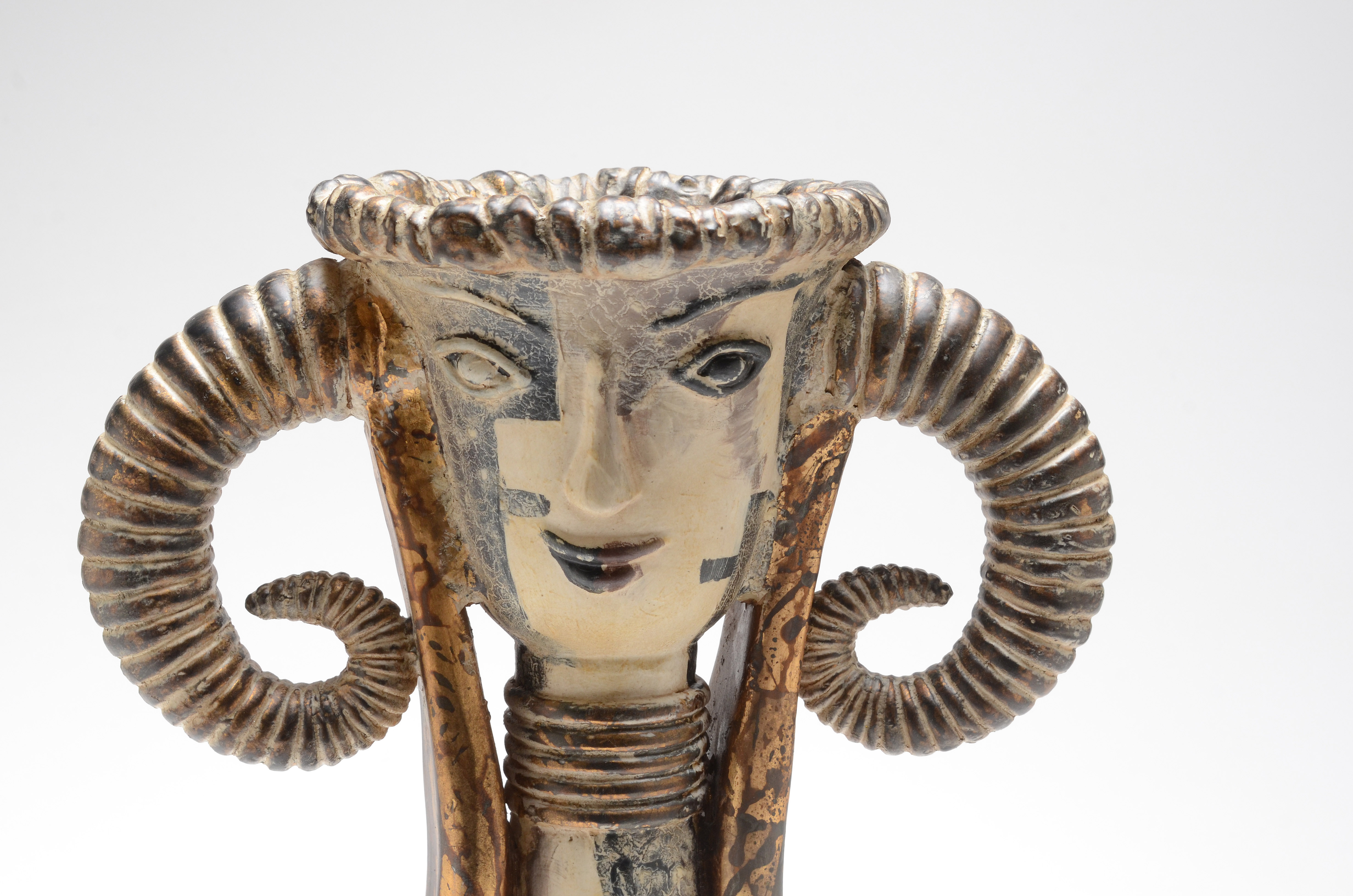 Ceramic Ram Horn and Face Accent Vase