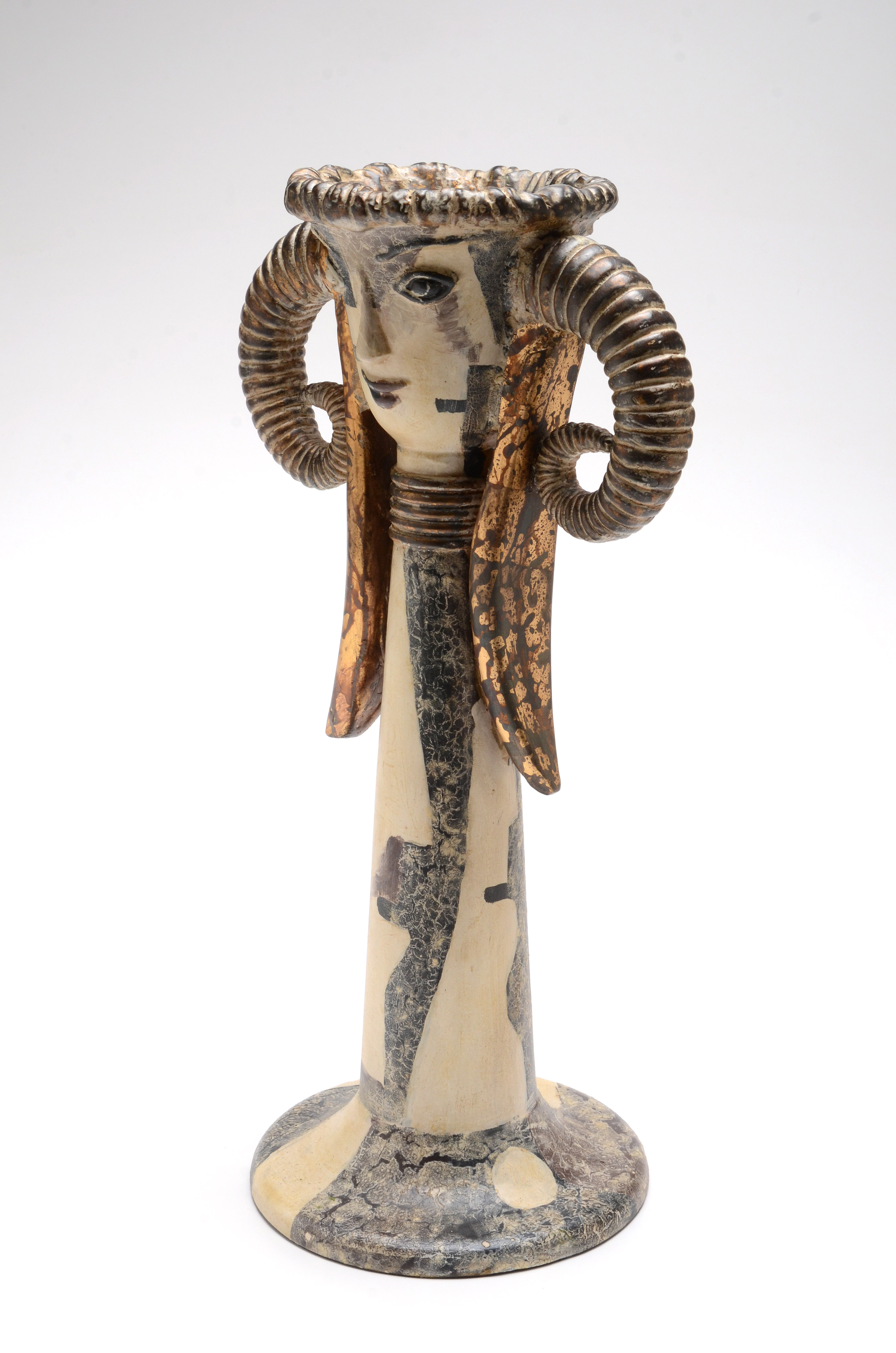 Ceramic Ram Horn and Face Accent Vase