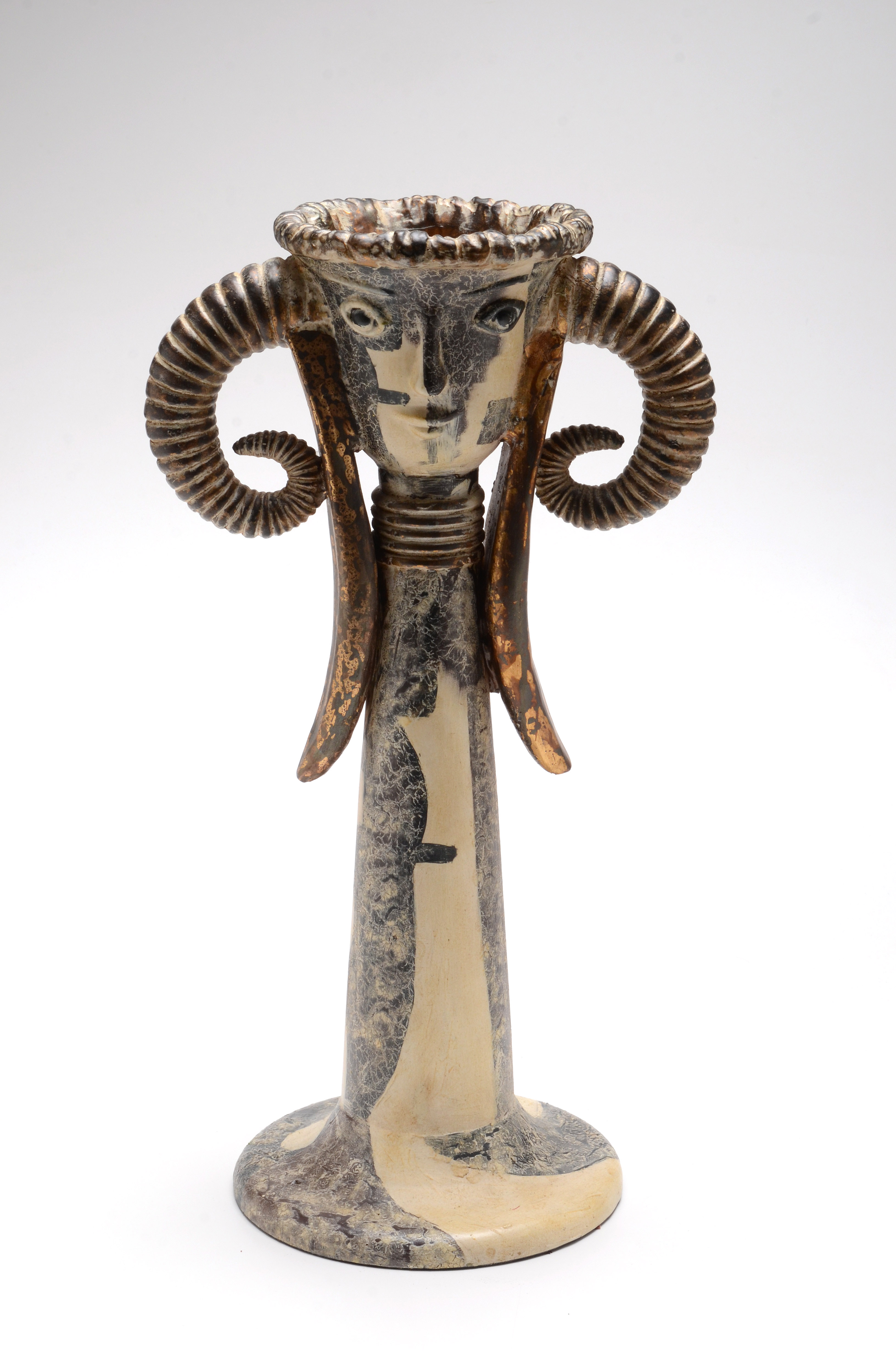 Ceramic Ram Horn and Face Accent Vase