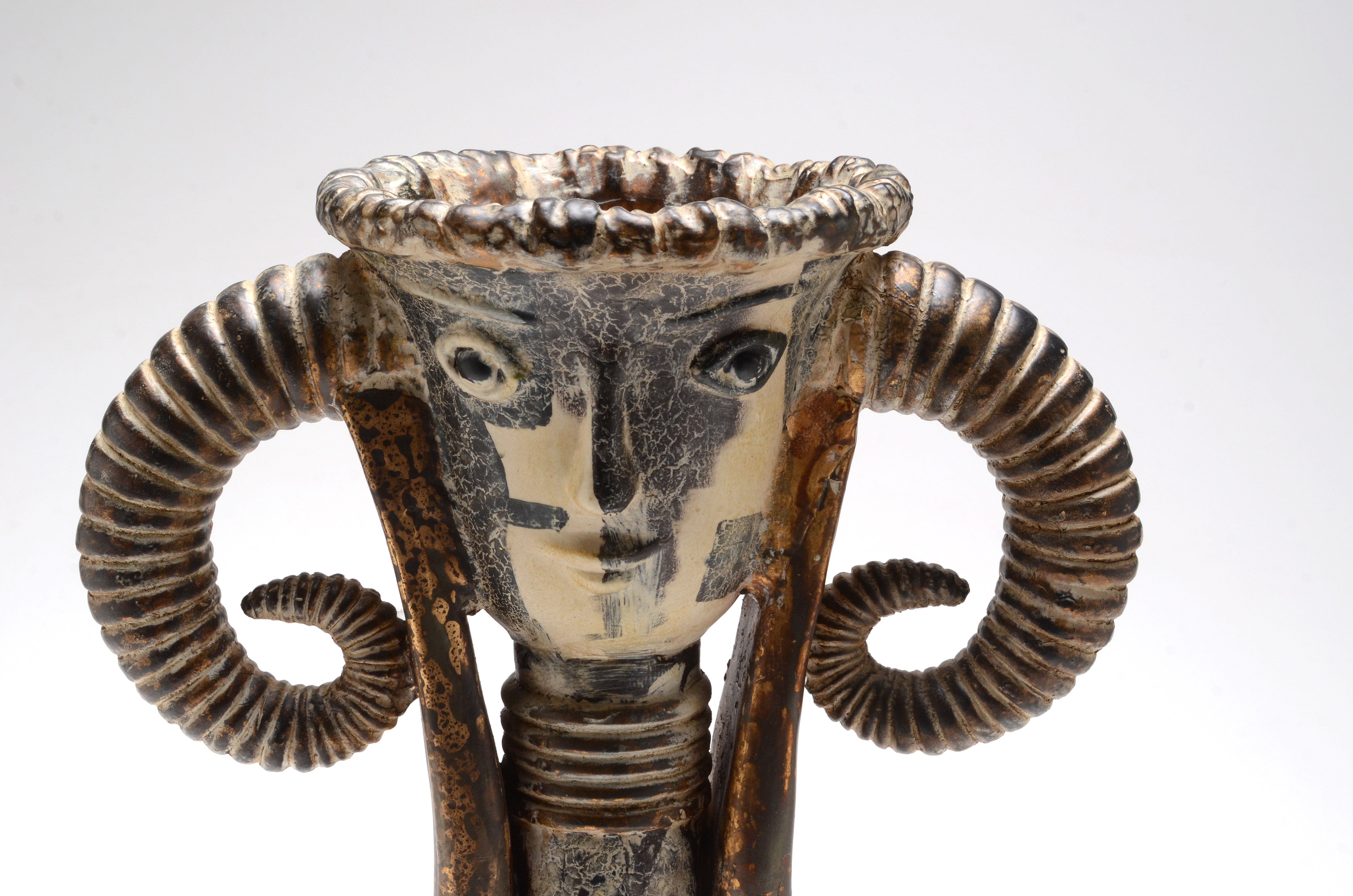 Ceramic Ram Horn and Face Accent Vase