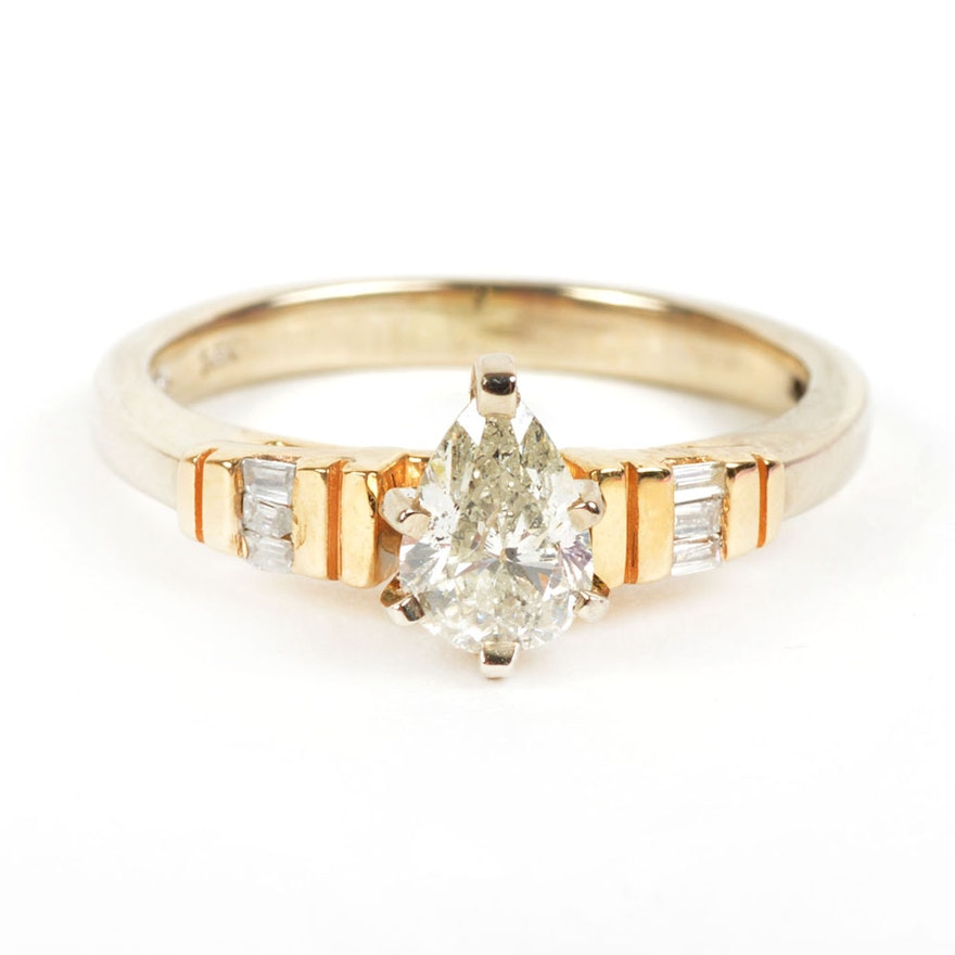 14K White and Yellow Gold Pear Cut Diamond Ring