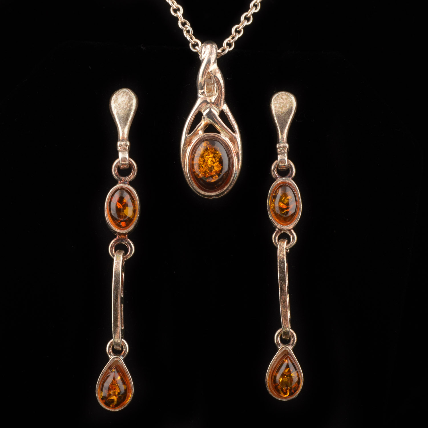 Sterling Silver and Amber Necklace and Earring Set