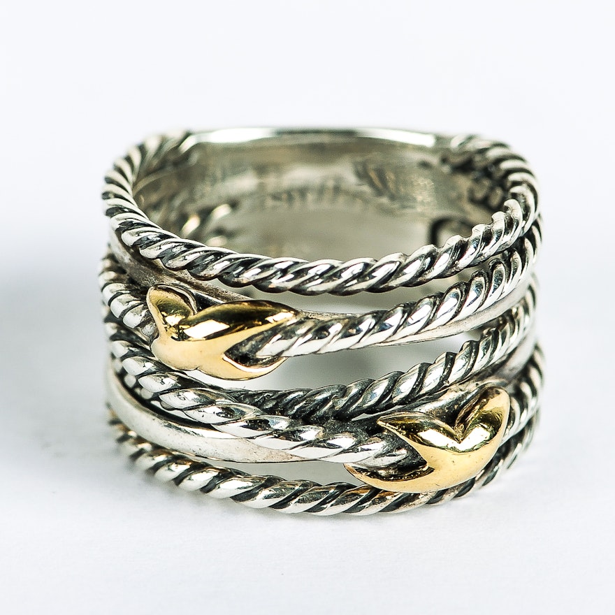 David Yurman Sterling Silver and 18K Yellow Gold Crossover Ring
