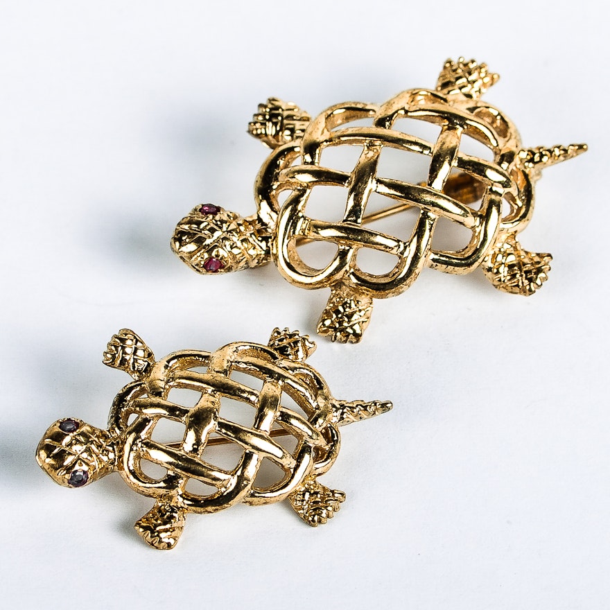 Pair of 14K Yellow Gold and Ruby Turtle Brooches