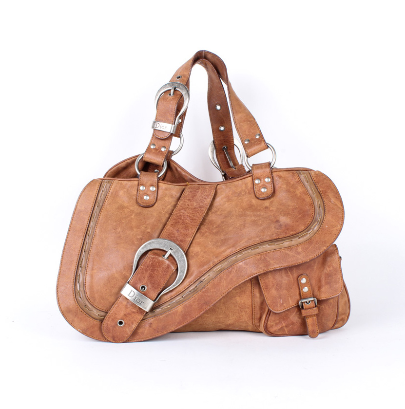 Christian Dior Large Brown Leather Gaucho Double Saddle Bag