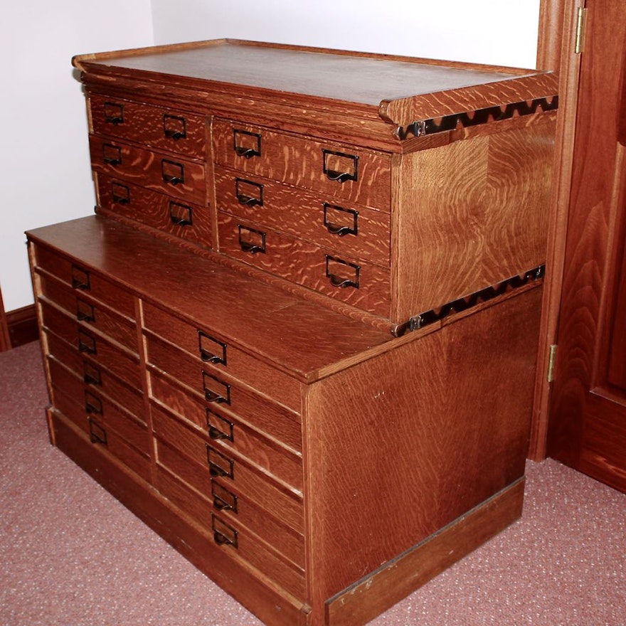 Two Vintage Stacking Oak Flat File Cabinets