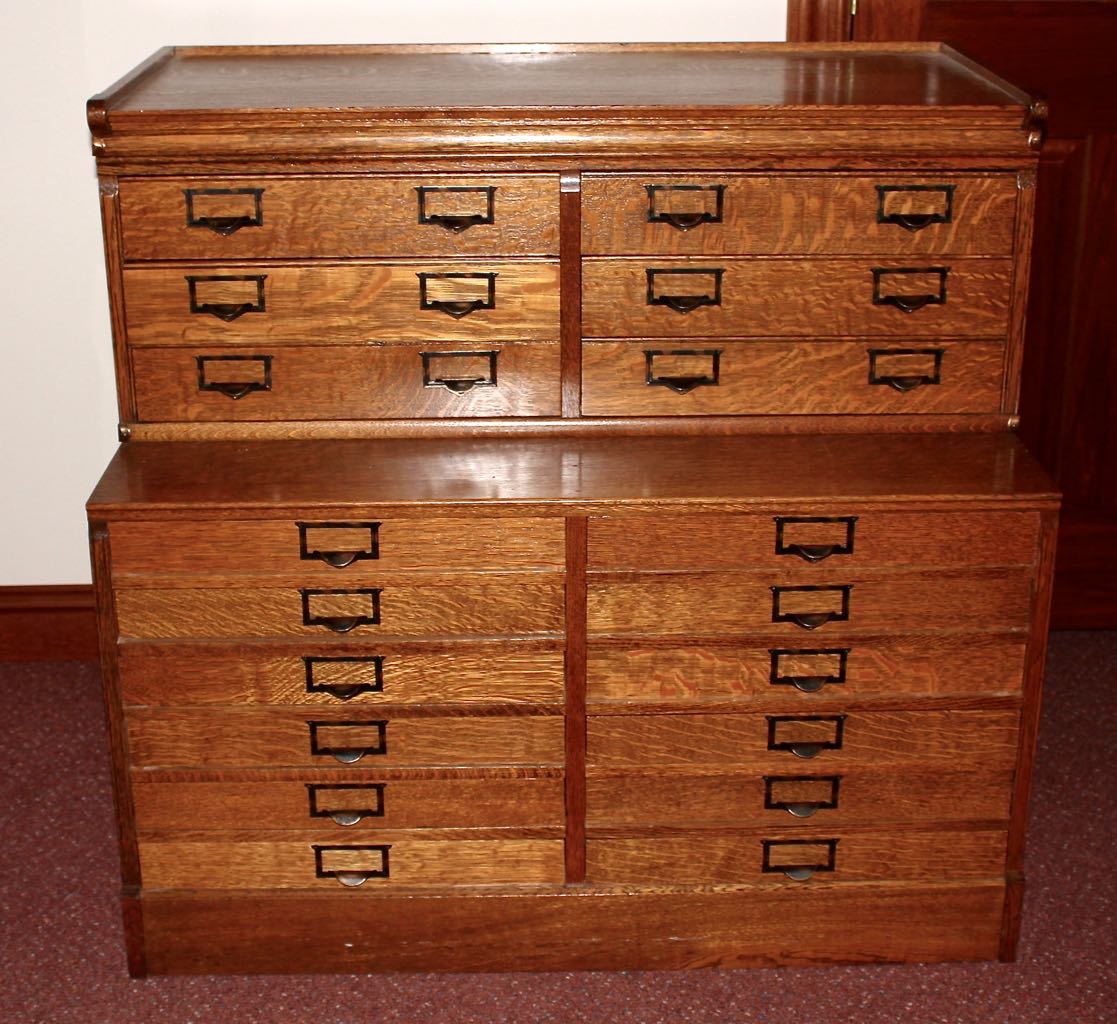 Two Vintage Stacking Oak Flat File Cabinets