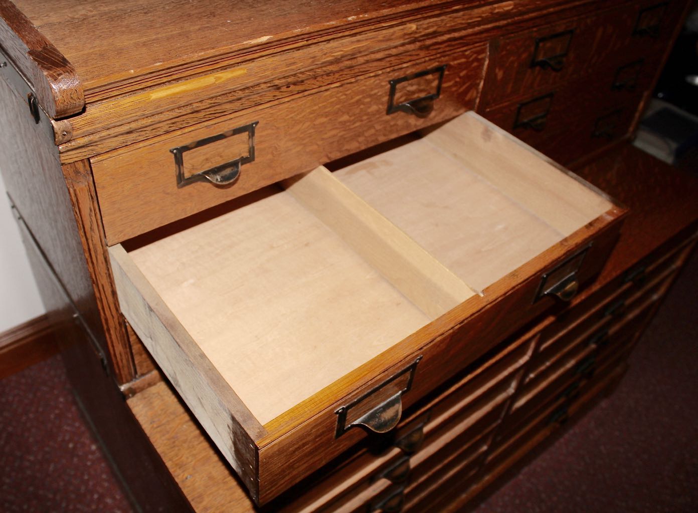 Two Vintage Stacking Oak Flat File Cabinets