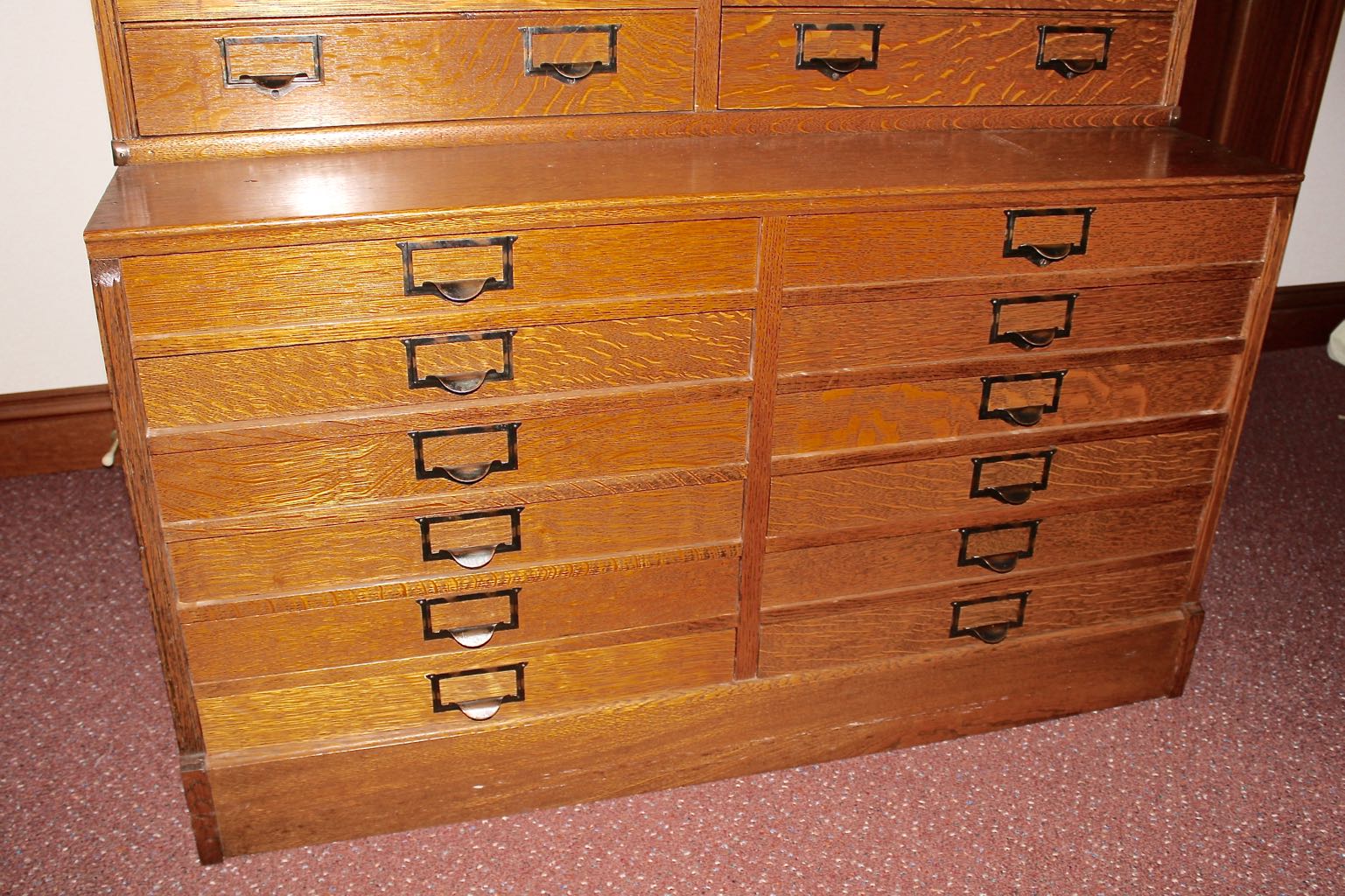 Two Vintage Stacking Oak Flat File Cabinets