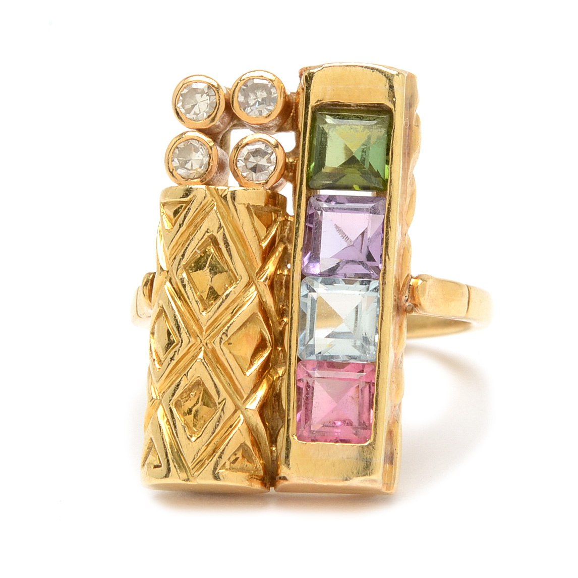 18K Yellow Gold Tourmaline, Amethyst, Aquamarine, Diamond Fashion Ring