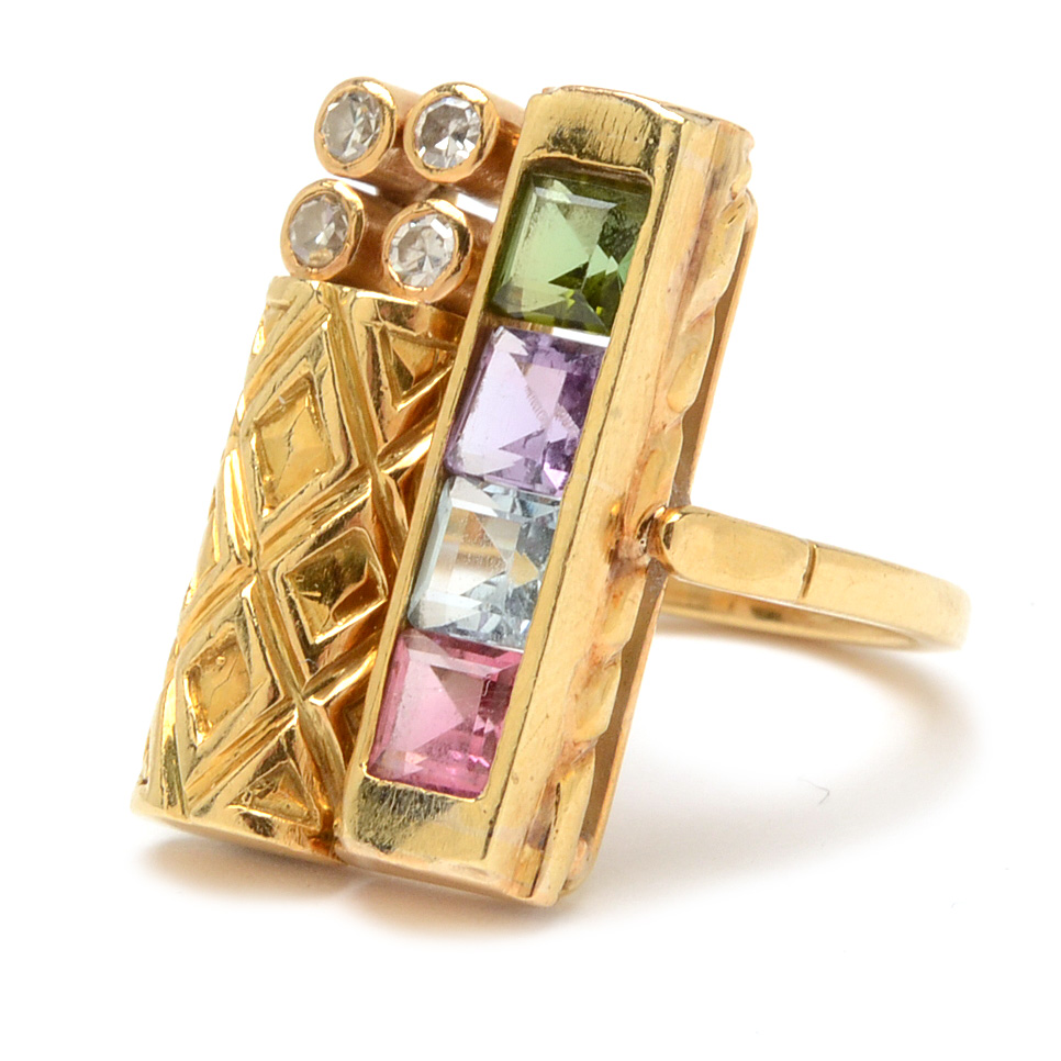 18K Yellow Gold Tourmaline, Amethyst, Aquamarine, Diamond Fashion Ring