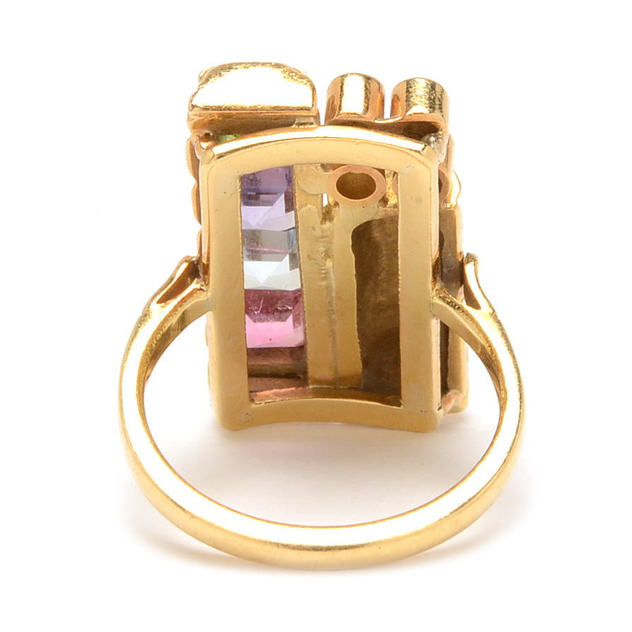 18K Yellow Gold Tourmaline, Amethyst, Aquamarine, Diamond Fashion Ring